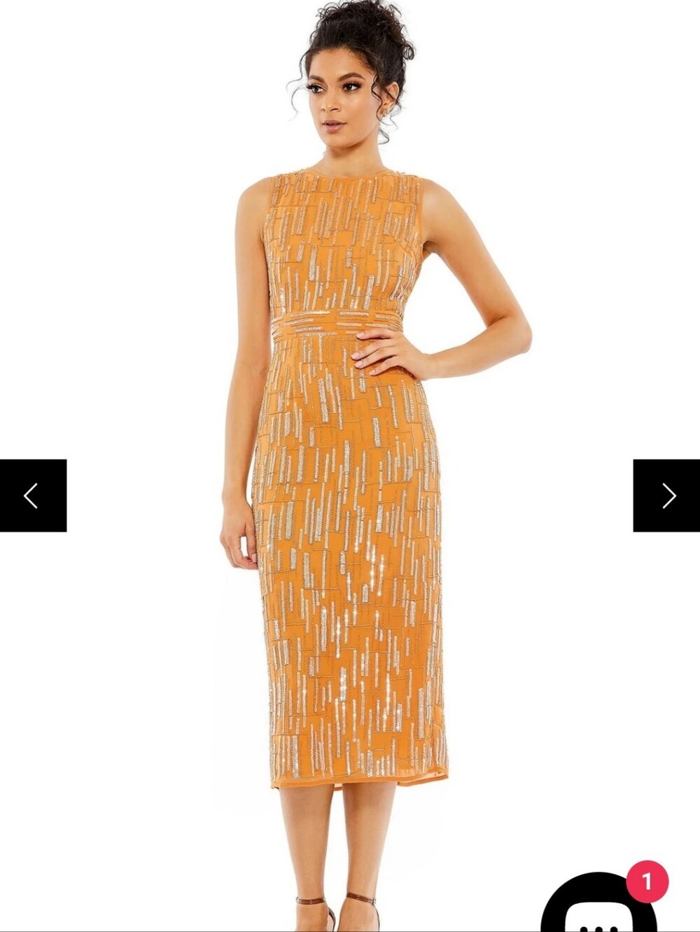 Mac Duggal Orange Midi Sheath Dress with Gold Beadwork